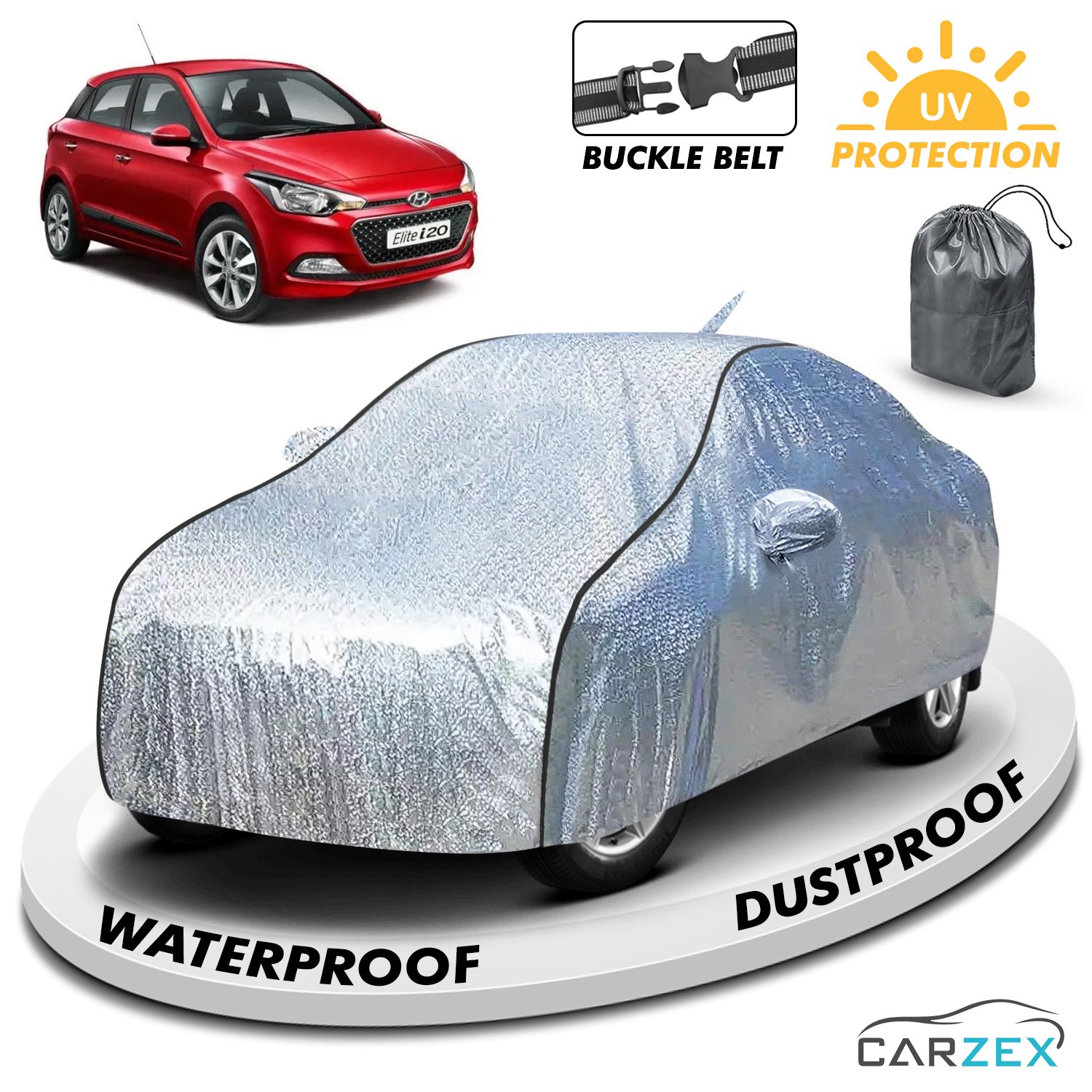 Carzex Waterproof & Heat Resistant Metallic Silver With Black Border Car Body Cover with Mirror & Antenna Pockets For Hyundai Elite I20 12-17